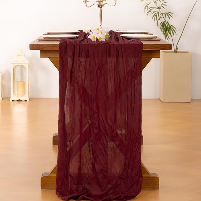 Socomi 3pcs Burgundy Red Valentine's Day Cheesecloth Table Runner Boho Rustic Gauze 120 inch 10FT Cheese Cloth Runner for Wedding Party Baby Shower Birthday Home Decor Holiday Decorations