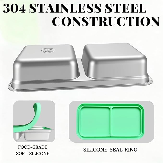 Korythar 3 Pack 15oz Stainless Steel Snack Containers for Kids, Reusable Metal Snack Containers with Silicone lids, Leak Proof 2 Compartment Stackable Metal Toddler Lunch Box for Daycare, School