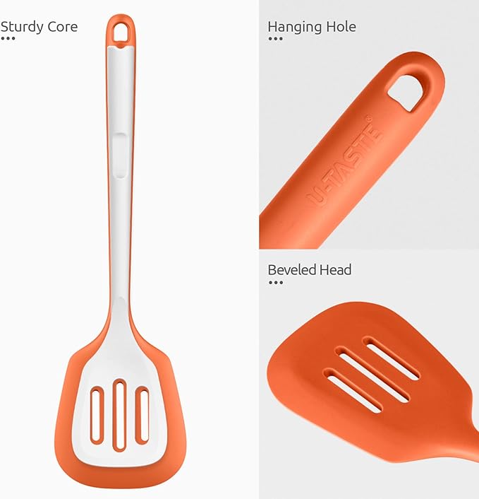 600쨘F Heat Resistant Slotted Turner: U-Taste 13.6in Silicone Kitchen Spatula Flipper, 3.74in Wide Food Grade Flexible Thin Rubber Cooking Utensil for Egg, Pancake, Cookie in Nonstick Cookware (Orange)