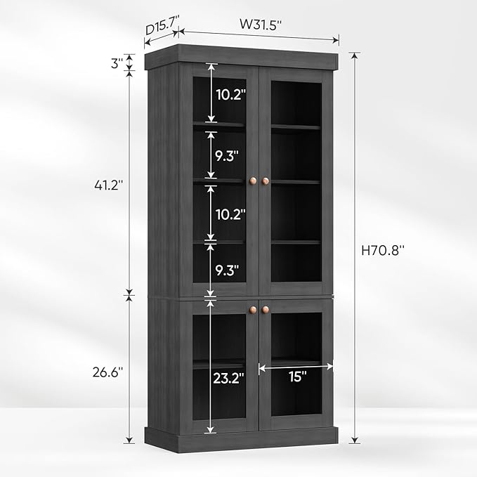 70.8" Tall Farmhouse Bookshelf, Modular Bookcase with Glass Doors, 6-Tier Adjustable Shelves, Large Storage Cabinet for Kitchen, Living Room, Black, Set of 4
