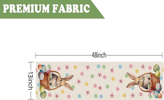 QIONG MENG Easter Table Runner Bunny Eggs Basket Flowers Burlap Table Decoration Spring Holiday Home Party Kitchen Dining Table Supplies 13x48 Inch