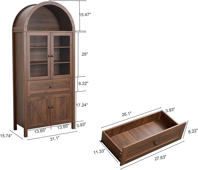 71" Tall Arched Cabinet, Arched Kitchen Pantry with Glass Doors & Shelves, Modern Display Storage Cabinets with Drawers, Wooden Pantry Cabinet for Living Room, Dining Room or Kitchen, Walnut