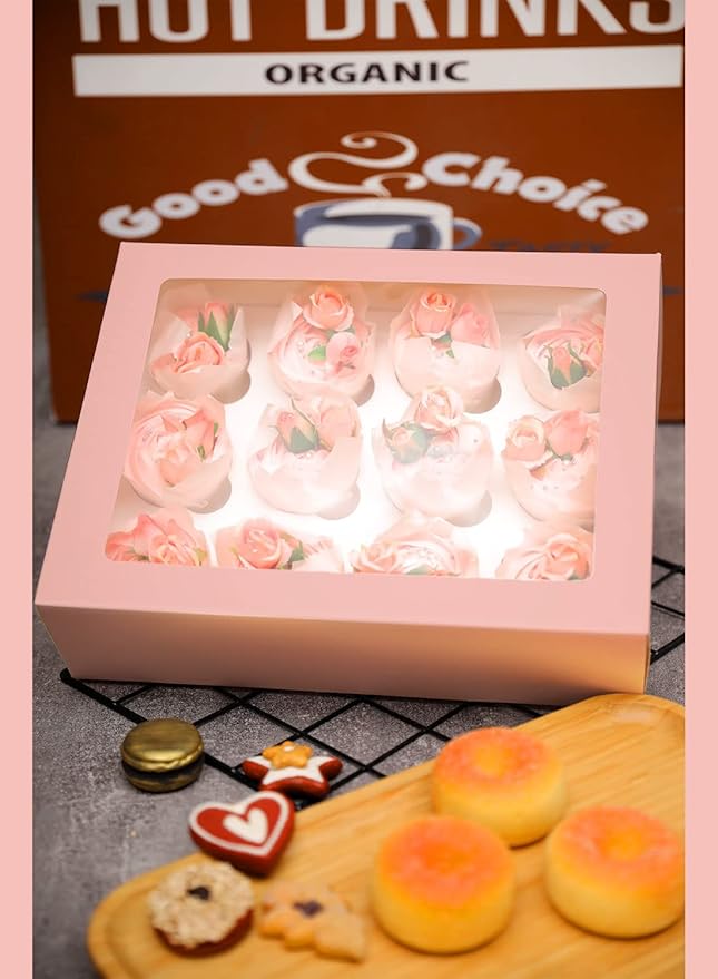 qiqee Auto-pop Up Cupcake Boxes with Window Pink 40PCS 12 Count Cupcake Box 13"x10"x3.5" Cupcakes Carrier, 12 Cupcake Containers with 2 rolls of pink ribbons