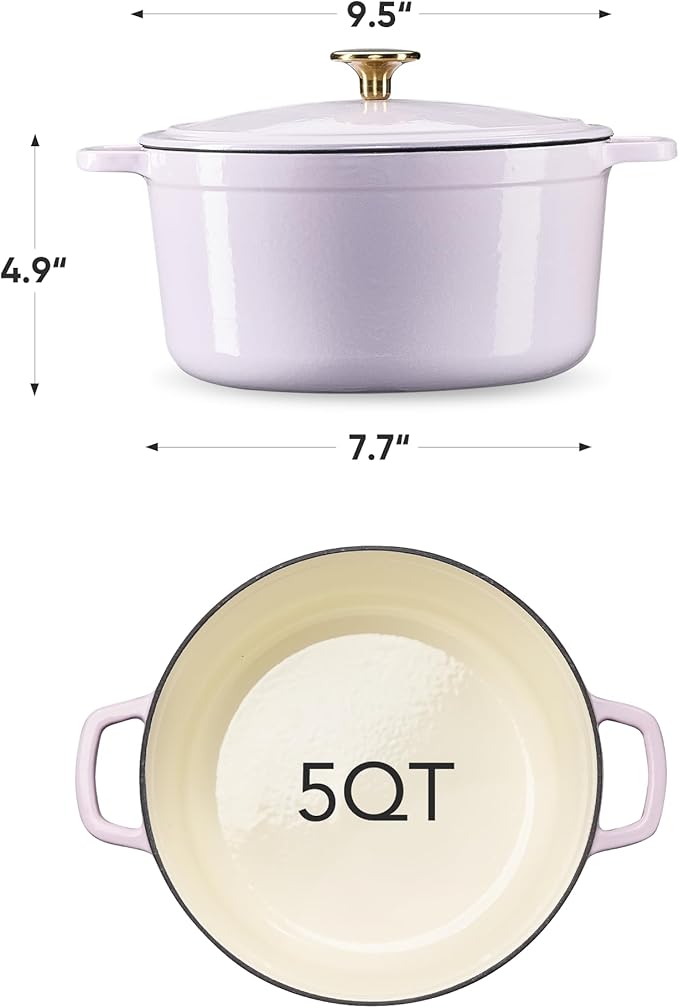 CAROTE 5QT Enameled Cast Iron Dutch Oven Pot with Lid, Heavy-Duty Dutch Ovens for Sourdough Bread Baking, Braising, Roasting, Dual Handles, Healthy & Non-Toxic, All Stovetop Compatible, Oven Safe up to 500째 F, Macaron Purple