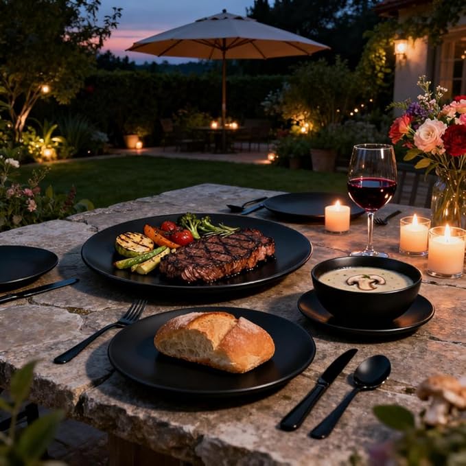 24-Piece Wheat Straw Plates and Bowls Set for 6, Black Unbreakable Dinnerware, Dishwasher & Microwave Safe, Reusable Eco-Friendly BPA-Free for Picnic Birthday Camping Outdoor Dining