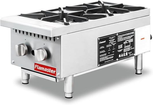 2 Burner Commercial Hot Plate, 12" Countertop Gas Stove Stainless Steel Natural Gas Range with Propane Conversion Kit Cooking Equipment for Restaurant Kitchen-50000 BTU