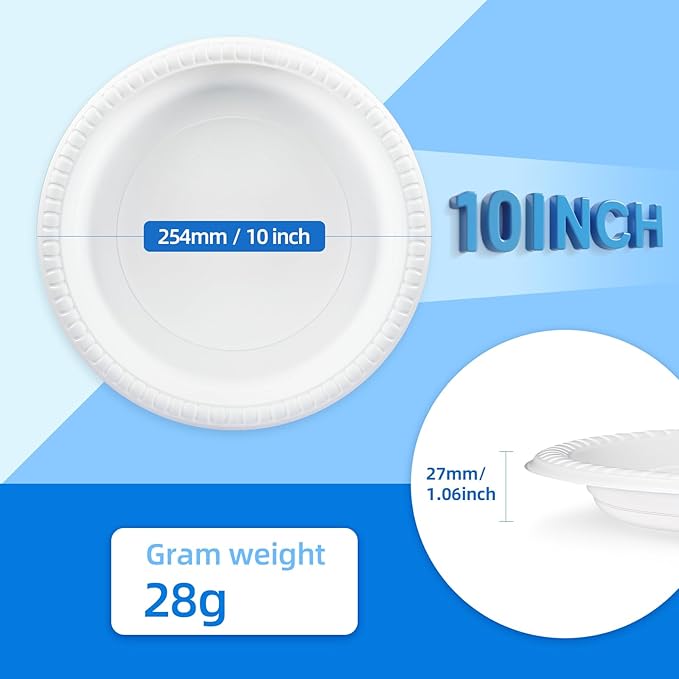 YANGRUI Plastic Plates Shrink Wrap 10" 150 Pack - Unbreakable Mineral Filled PP | BPA Free Commercial White Tray | Microwave Safe Freezer Ready | Reusable & Disposable Heavy Duty Bulk Party Plate
