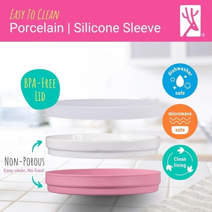 Elk and Friends Kids 7.8??Porcelain White Plates with Silicone Sleeves + Lids | Suitable for Babies/Toddlers | Microwave & Dishwasher Safe | Non Slip Dinnerware | Snack Dishes | 4 Pack