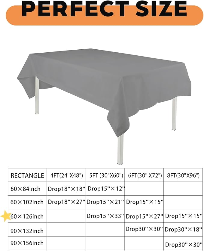 TWINPRET Rectangle Tablecloth 60 x 126 Inch, Grey Waterproof Washable Polyester Table Cloth - Stain & Oil Resistant Rectangular Table Cover for Banquet & Party (Fits 8 Foot Tables) [2 Pack]