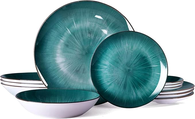 Bestone Porcelain Dinnerware Sets Service for 4, 12 pcs Hand drawn Plates and Bowls Sets, Handmade Ceramic Dish Set, Chip Resistant Modern Plate Set, Dishwasher/Microwave Safe竊똕tarburst Green