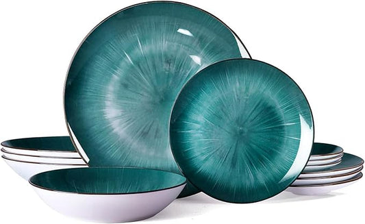 Bestone Porcelain Dinnerware Sets Service for 4, 12 pcs Hand drawn Plates and Bowls Sets, Handmade Ceramic Dish Set, Chip Resistant Modern Plate Set, Dishwasher/Microwave Safe竊똕tarburst Green