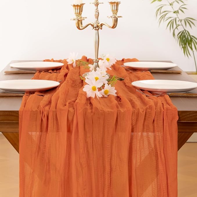 Socomi 3pcs Orange Cheesecloth Table Runner Valentine's Day Boho Rustic Gauze 120 inch 10FT Cheese Cloth Runner for Wedding Party Baby Shower Birthday Home Decor Holiday Decorations