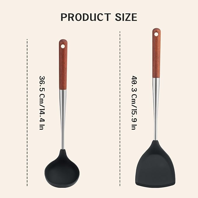 FJNATINH Silicone Spatula Ladle Set - BPA Free Stainless Steel Non Stick Heat-Resistant Kitchen Tools Cooking Utensils Cookware with Wooden Handle, 2 Pcs