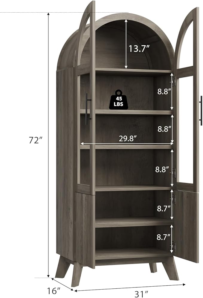 QUW 71" Tall Arched Kitchen Pantry Cabinet, Modern Fluted Display Cabinet with Glass Door & Adjustable Shelves, Storage Cabinet for Kitchen, Living Room, Dining Room, Bathroom, Grey