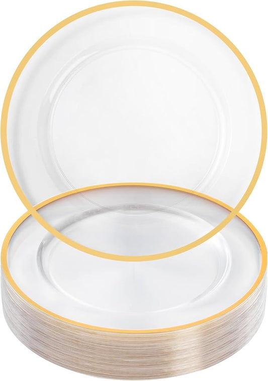 Goodluck 25 Pack Reusable Plastic Clear Charger Plates with Gold Rim, 12-Inch, for Dinner, Wedding, Party, Event Table Decoration, Clear&Gold
