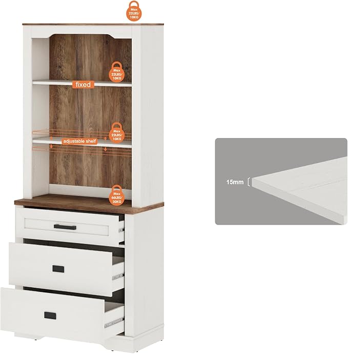 WAMPAT 3 Tier Pantry Cabinet with Drawer,73.3" Tall Floor Standing Cupboard,Modern Farmhouse Display Kitchen Buffet with Adjustable Shelves for Dining Room,Living Room,Rustic White