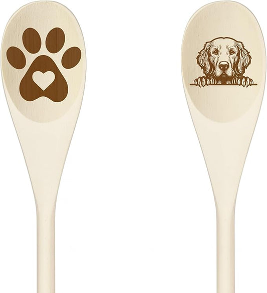 GOLDEN RETRIEVER Wooden Spoons for Cooking, Serving or Decorative Kitchen Utensils Set Dog Lover Dog Mom/Dad Gift with Peeking Dog Designs, Paw Print and Dog Head, Kitchen Utensils Set of 2