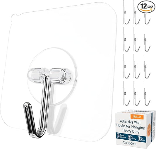 GLUIT Adhesive Wall Hooks for Hanging Heavy Duty 22 lbs Hooks for Walls No Damage, Towel Sticky Clear Hook, Waterproof, Home, Bathroom, Kitchen, Office, and Outdoor 12 Pack