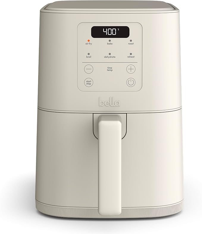 bella 4Qt Slim Air Fryer, Fits-anywhere??Kitchenware, EverGood??Ceramic Nonstick Coating, Adjustable Temperature, 6 Preset Cooking Options, 60 Min Auto Shutoff w Audible Tone, 3.3lb Capacity, Oatmilk