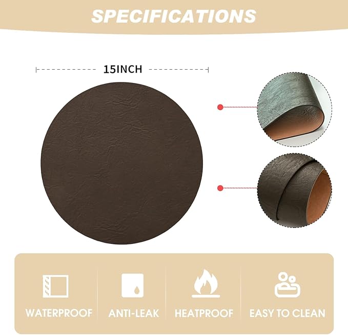 Artoid Mode Coffee Faux Leather Placemats Set of 6, 15 Inch Waterproof Wipeable Heat Resistant Place Mats, Reversible Table Mats for Kitchen Dining Decor