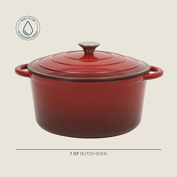 Gibson Home Addlestone 7 Qt Enameled Cast Iron Dutch Oven Pot with Lid ??Round, Oven Safe to 500째F, Ideal for Bread Baking & Stews - Gradient Red