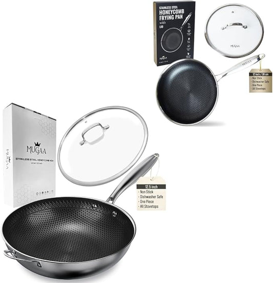 Nonstick Stainless Steel Pan Set ??12.5??Wok with Lid + 12??Frying Pan with Lid, Tri-Ply Honeycomb Hybrid Pans, Premium Kitchen Bundle