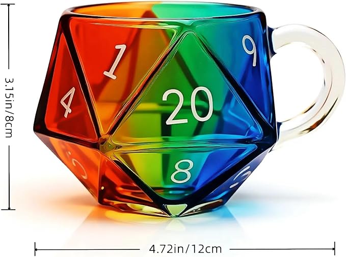 Dlin Rainbow D20 Dice Glass Coffee Mug - Heat-Resistant Transparent with Ergonomic Handle, Leak-Proof & Multi-Functional Gaming Mug for RPG/Board Game Lovers, Perfect Fantasy Themed Gift (Rainbow-1PC)