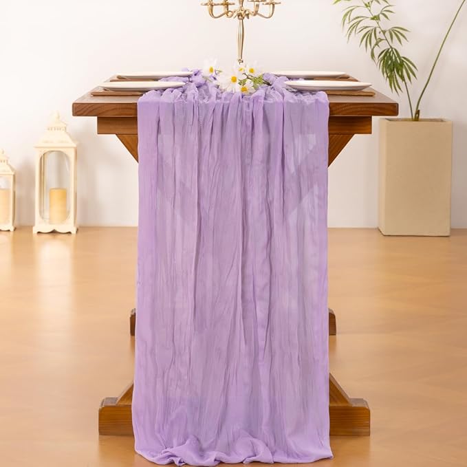 Socomi 6pcs Lilac Purple Lavender Cheesecloth Table Runner Valentine's Day Boho Rustic Gauze 120 inch 10FT Cheese Cloth Runner for Wedding Party Baby Shower Birthday Home Decor Holiday Decorations