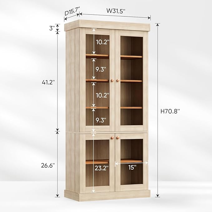 70.8" Tall Farmhouse Bookshelf, Modular Bookcase with Glass Doors, 6-Tier Adjustable Shelves, Large Storage Cabinet for Kitchen, Living Room, Brown, Set of 4