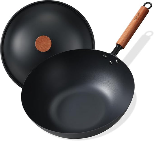 CAROTE 12" Carbon Steel Wok Pan, 4.5QT Woks & Stir-fry Pans Nonstick, No Chemical Coated Pre-Seasoned Flat Bottom Wok with Lid for Stir Fry, Chinese Cast Iron Wok, Cooking Pan, All Stovetop Compatible