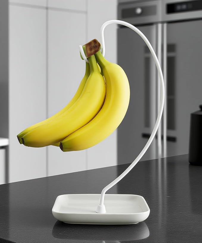 VROOMIUM Banana Holder Stand with Ceramic Bowl - Holds Up to 5 Pounds Bananas, Hassle-free Cleaning, Stylish and Chic Design Banana Rack, White