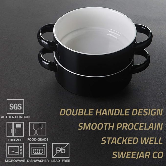 Sweejar Ceramic Soup Bowls with Double Handles, 20 Oz Stacked Bowls for French Onion Soup, Cereal, Pot Pies, Stew, Chill, Pasta, Set of 4 (Black)