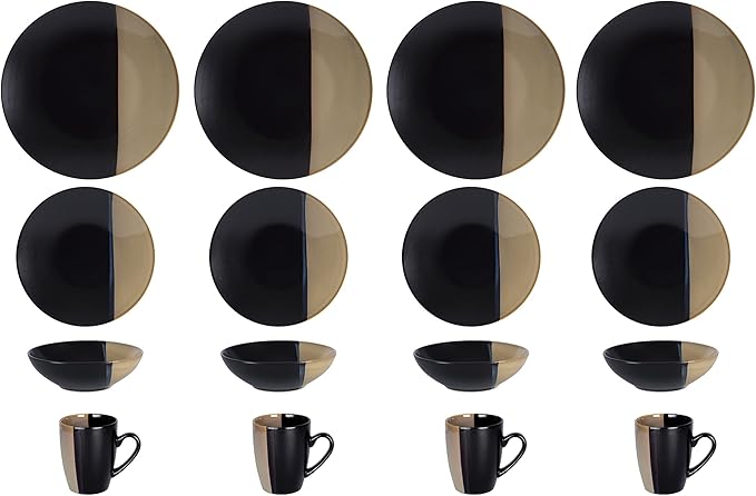 Stoneware Dinner Set Reactive Glaze (16pc Set, Black + Beige)