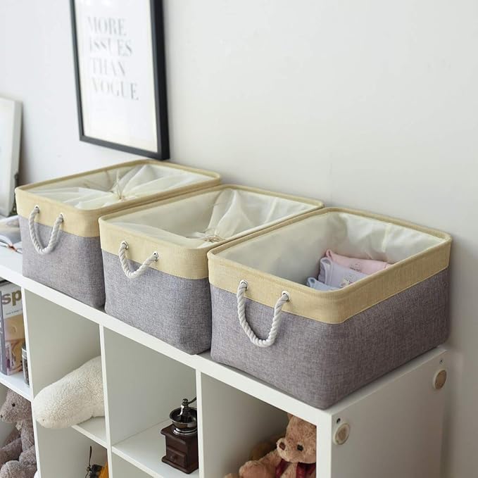 TheWarmHome Storage Baskets for Organizing, Extra Large-3Pack, 17.7L횞13.8W횞9.8H inch Large Sturdy Storage Bins, Decorative Storage Baskets for Shelves Closet Nursery (Gold&Grey)