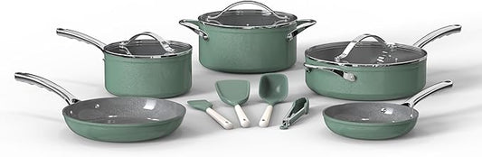 Bakken 12-Piece Aluminum Cookware Set with Ceramic Nonstick Coating, PTFE & PFAS Free, All Stovetop Safe Up To 500째F, Pots and Pans Set with Lids, Silicone Utensils Included, Dishwasher Safe, Green