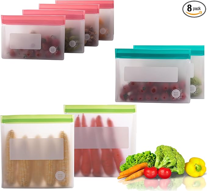 Reusable Food Storage Bags 8-Pack ??BPA-Free Freezer & Dishwasher Safe, Leakproof Stand-Up Snack Bags 2 Gl + 2 L, 4 M??Eco-Friendly Airtight Ziplock Bags for Kitchen & Travel(Multicolor)