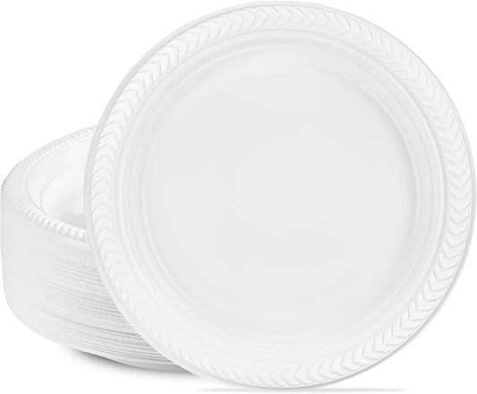 PLASTICPRO 100 PCS White Plastic Round 10" Inch Plastic Plates Premium Quality Light Weight Disposable Dishes Dinner Plates for Parties Weddings