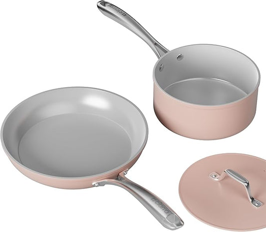 CIARRA Non Stick Frying Pan (10.2") & Ceramic Sauce Pan (3qt) - Non Toxic, PTFE & PFOA Free - Oven Safe & Compatible with All Stovetops, Pink