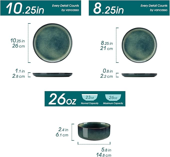 vancasso Starry 18 Pieces Dinnerware Sets for 6, Green Reactive Glaze Dishes Sets, Ceramic Plates and Bowls Set, Dinner Salad Dessert Plates, and Cereal Bowls Set, Dishwasher and Microwave Safe