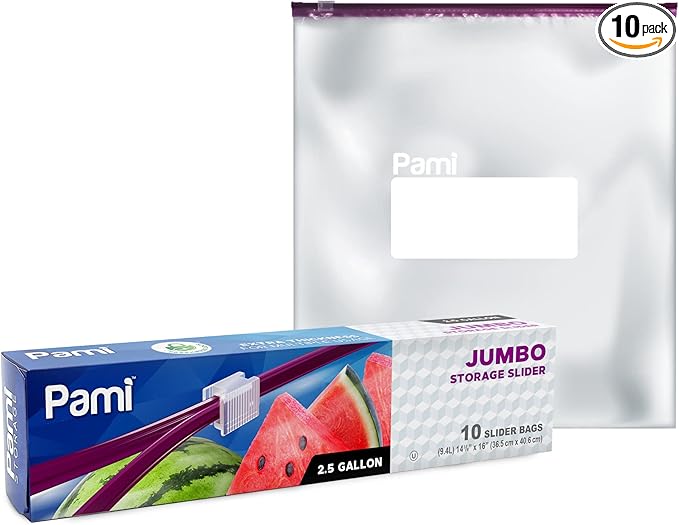 PAMI Jumbo 2.5 Gallon Slider Storage Bags, 10-Pack Leakproof Reusable Freezer Bags with Bottom, Write-On Label, Food Safe Zipper Bags