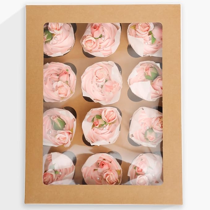 qiqee Auto-pop Up Cupcake Boxes with Window Brown 40PCS 12 Count Cupcake Box 13"x10"x3.5" Cupcakes Carrier, 12 Cupcake Containers with 2 rolls of pink ribbons