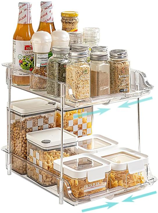 Expandable Cabinet Organizer Shelf, 2-Tier kitchen Counter Organization Shelves, Spice Rack,Clear Plastic Countertop Storage Rack for Makeup, Pantry, Cupboard, Bathroom, Desk Organization