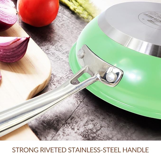 HOMICHEF 8 Inch Mint Green Nickel Free Stainless Steel Fry Pan - Non Toxic No Coating Induction Skillet - Small Frying Pan for Solo Meals with Stay Cool Handle