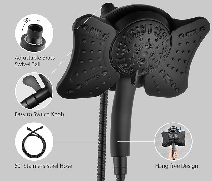 GRICH 2.5GPM Shower Heads with Handheld Spray Combo: High Pressure Rain Shower Heads with Built-in Power Wash, 9 Mode Adjustable Dual Rainfall Showerhead with Anti-Clog Nozzles and Hose, Black