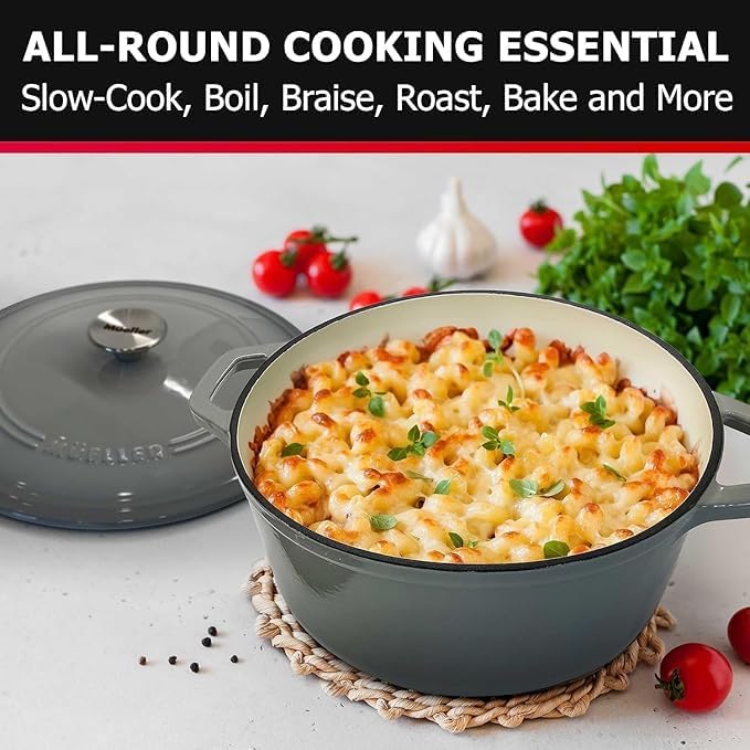 MUELLER HOME 4.5 QT Enameled Cast Iron Dutch Oven, Heavy-Duty Casserole Dish and Braiser Pan with Lid and Stainless Knob, Oven-Safe up to 500째 F & Across All Cooktops, Grey