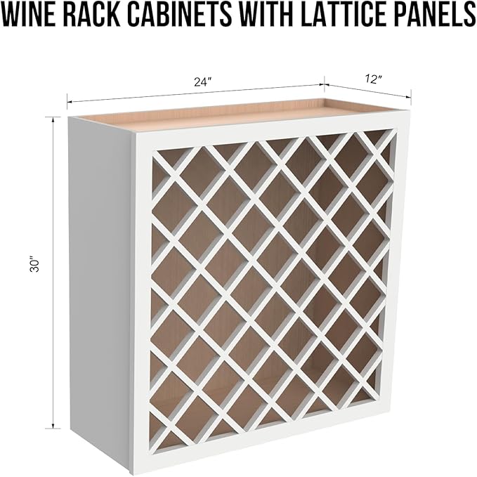 Solid Wood RTA Wine Bottle Rack Wall Cabinet with Lattice Panels - Bottle Holder Storage for Bar, Pantry, or Wine Cellar - Mocha finish Countertop Solution (Origami White, 24?쓂 횞 12?쒭 횞 30?쒱)