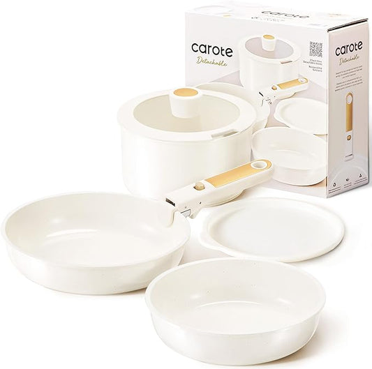 CAROTE 6pcs Pots and Pans Set Non Stick, Cookware Sets, Kitchen Set, Oven/Fridge Safe, Space Saving Pots Set, Nonstick Cooking Set with Versatile Detachable Handle, Induction RV Set