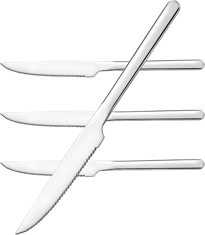 KINGSTONE Sharp Steak Knives, German Stainless Steel Steak Knife Set of 4 with Full-Serrated Blade, 9.4-Inch Sleek Design Table Knives, Mirror Polished