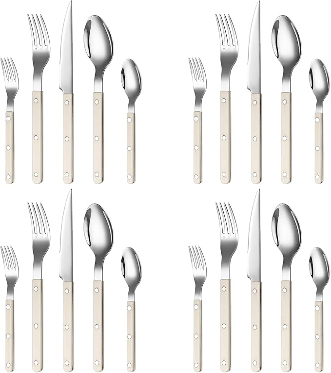 Khen Cutlery Set of 20, 18/8 Stainless Steel Flatware, Modern Silverware for Home, Kitchen, Dining & Table Setting for 4 ??Stainless Steel, Dishwasher Safe, Lightweight & Ergonomic Design Gift - Cream