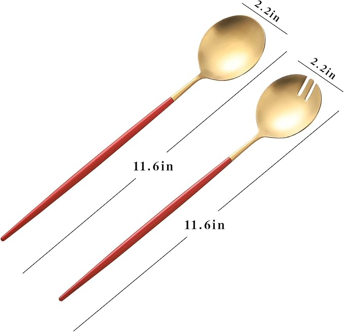 Salad Servers,Spoon and Fork Set 11.41 inch,18/10 Stainless Steel Salad Serving Titanium Plating (Red gold)